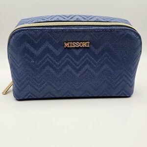 NEW Missoni Delta Luxury Blue Chevron Gold Logo Travel Cosmetic Case Bag